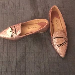 Pink glitter winking loafers